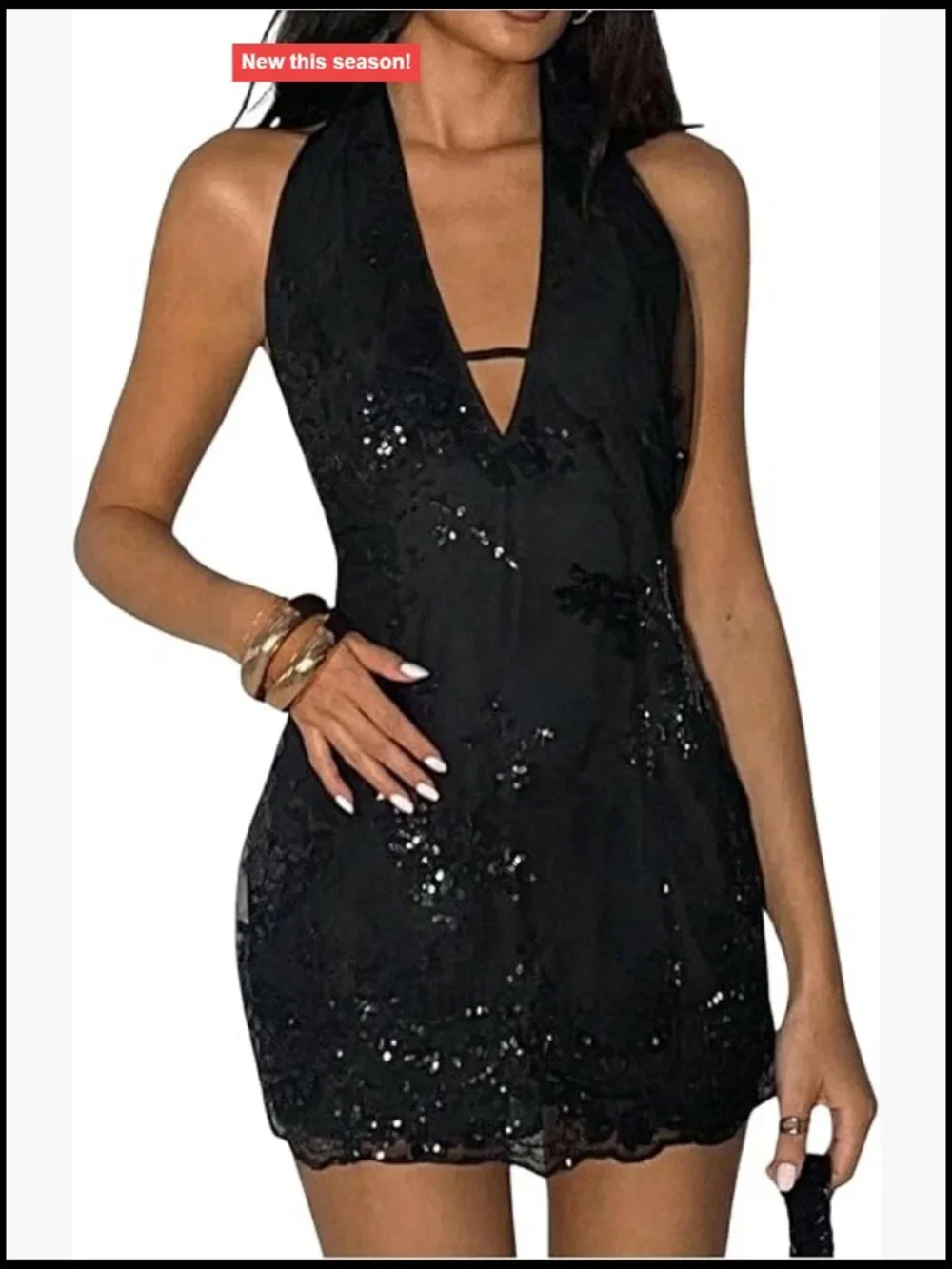 Sequin Halter Bodycon Mini Dress Sleeveless V Neck Backless Embroidered Party